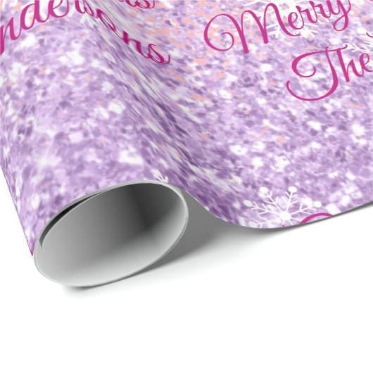 Vrolijk kerstfeest, namen, fuchsia script, glitter cadeaupapier (Rol Hoek)