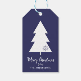 Vrolijk Kerstfeest Navy Blauw Wit Kerstboom Cadeaulabel