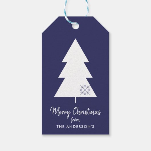 Vrolijk Kerstfeest Navy Blauw Wit Kerstboom Cadeaulabel (Voorkant)