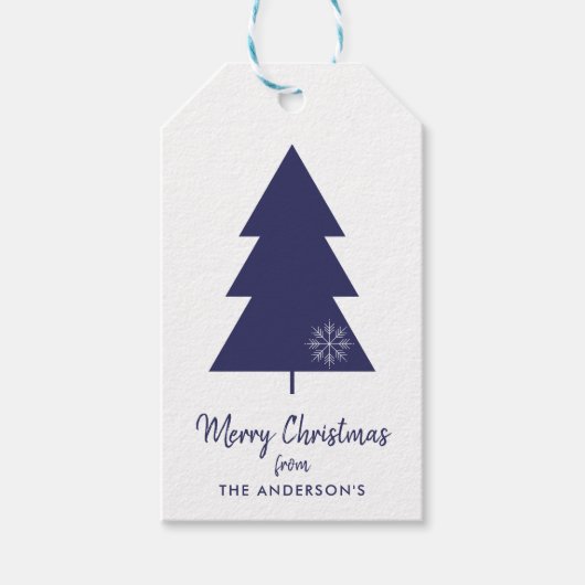 Vrolijk Kerstfeest Navy Blauwe Kerstboom Cadeaulabel (Voorkant)
