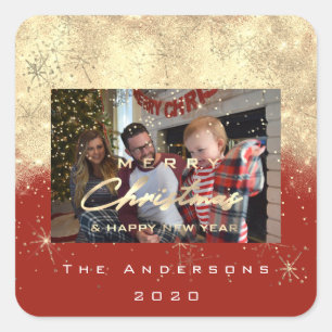 Vrolijk Kerstfeest Nieuw Sepia Gold Glitter Foto R Vierkante Sticker