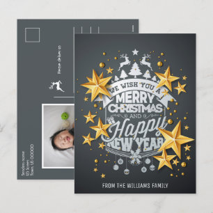 Vrolijk kerstfeest Nieuwjaar Foto wint gouden ster Feestdagenkaart
