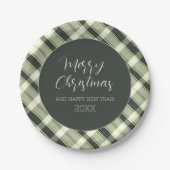 Vrolijk Kerstfeest Olive Green Plaid Script Rustie Papieren Bordje (Voorkant)