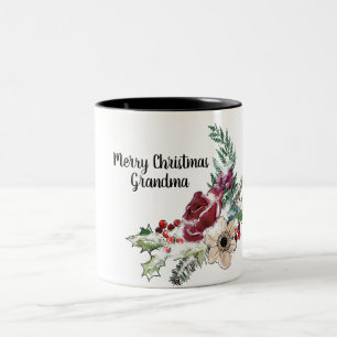 Vrolijk Kerstfeest Oma Holly Berry Floral Tweekleurige Koffiemok