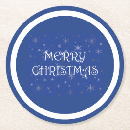 Vrolijk kerstfeest op blauw met sneeuwvlokken ronde kartonnen onderzetter
