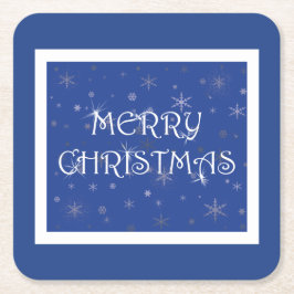 Vrolijk kerstfeest op blauw met sneeuwvlokken vierkante kartonnen onderzetter