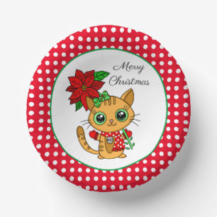 Vrolijk kerstfeest   Oranje Kat met Poinsettia Papieren Kommen