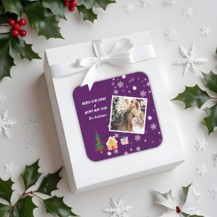 Vrolijk kerstfeest Paarse familie foto Vierkante Sticker