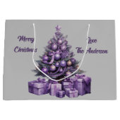 Vrolijk kerstfeest paarse kerstboom groot cadeauzakje (Voorkant)