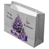 Vrolijk kerstfeest paarse kerstboom groot cadeauzakje (Voorkant Gekanteld)