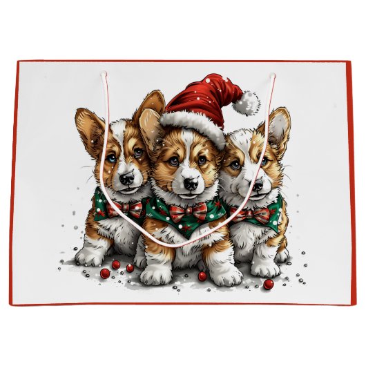Vrolijk Kerstfeest Pembroke Welsh Corgi Puppies Groot Cadeauzakje (Voorkant)