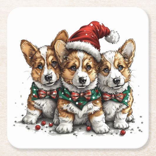 Vrolijk Kerstfeest Pembroke Welsh Corgi Puppies Vierkante Kartonnen Onderzetter (Voorkant)