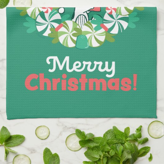 Vrolijk Kerstfeest Pepermunt Holiday Wreath Theedoek (Gevouwen)