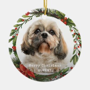 Vrolijk Kerstfeest Pet Foto Botanische Holly Krans Keramisch Ornament