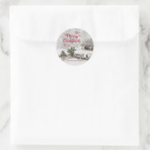 Vrolijk kerstfeest, pine boom, auto, Holly Berries Ronde Sticker (Tas)