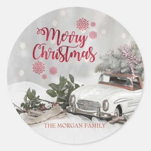 Vrolijk kerstfeest, pine boom, auto, Holly Berries Ronde Sticker (Voorkant)