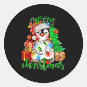 Vrolijk Kerstfeest Pinguïn Tree Lights Santa Hat F Ronde Sticker