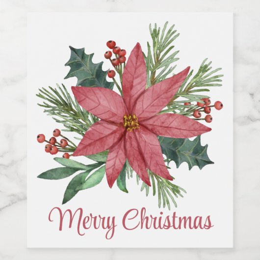 Vrolijk kerstfeest Poinsettia Red Floral Wijn Etiket (Enkel label)