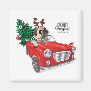 Vrolijk kerstfeest Pug Driving Vintage Car Magneet
