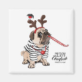 Vrolijk kerstfeest | Pug Reindester Magneet (Voorkant)