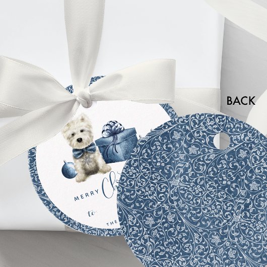 Vrolijk Kerstfeest, Puppy, Blauw en Zilveren Swirl Bedankjes Labels