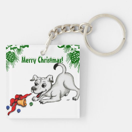 Vrolijk kerstfeest! Puppy met Bell en Ball Sleutelhanger (Achterkant)