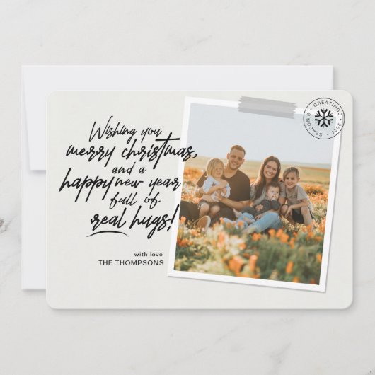 Vrolijk kerstfeest Real Hugs Script Grey Photo Feestdagenkaart (Voorkant)