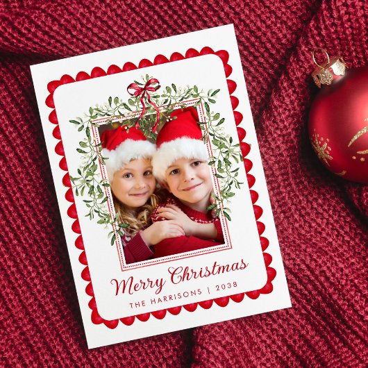 Vrolijk Kerstfeest Red Bow Greenery Waterverf Foto Feestdagenkaart