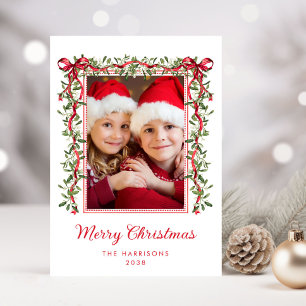 Vrolijk Kerstfeest Red Bows Greenery Waterverf Fot Feestdagenkaart