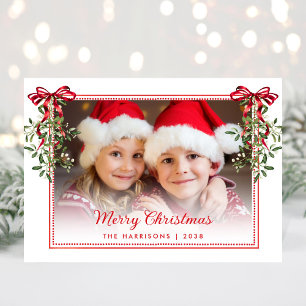 Vrolijk Kerstfeest Red Bows Greenery Waterverf Fot Feestdagenkaart