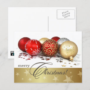 Vrolijk kerstfeest. Red Gold Baubles Feestdagenkaart