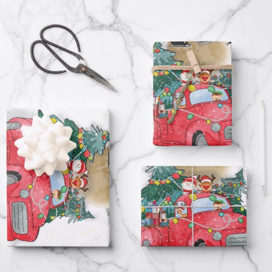 Vrolijk kerstfeest  Red Santa Truck Inpakpapier Vel (Voorkant)
