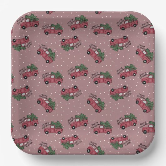 Vrolijk kerstfeest  Red Truck Papieren Bordje (Voorkant)