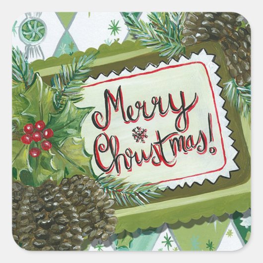 Vrolijk kerstfeest | Retro Holly en pijnbomen Vierkante Sticker (Voorkant)