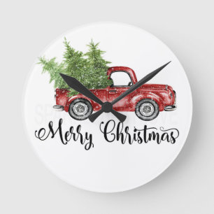 Vrolijk kerstfeest  Retro Red Truck Cute Face Ronde Klok