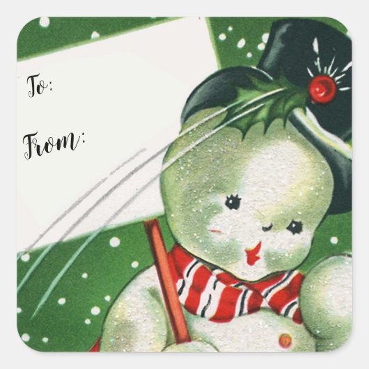 Vrolijk kerstfeest | Retro Snowman Gift Label (Voorkant)