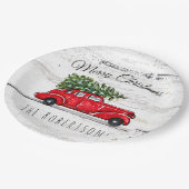 Vrolijk kerstfeest  rode auto op maat papieren bordje (Gekanteld)