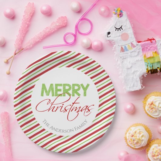 Vrolijk kerstfeest | Rode en groene strepen Papieren Bordje (Feest)