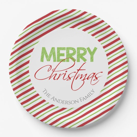 Vrolijk kerstfeest | Rode en groene strepen Papieren Bordje (Voorkant)