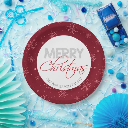 Vrolijk kerstfeest | Rode en witte sneeuwvlokken Papieren Bordje (Feest)