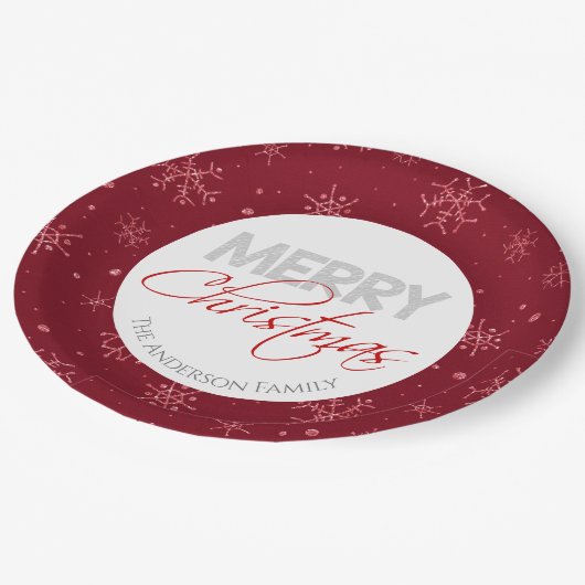 Vrolijk kerstfeest | Rode en witte sneeuwvlokken Papieren Bordje (Gekanteld)