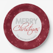 Vrolijk kerstfeest | Rode en witte sneeuwvlokken Papieren Bordje (Voorkant)