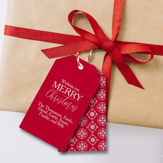 Vrolijk kerstfeest rode klauw, eenvoudige sneeuwvl cadeaulabel