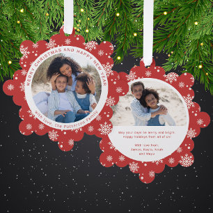 Vrolijk Kerstfeest Rode Sneeuwvlok Familiefoto Ornament Kaart