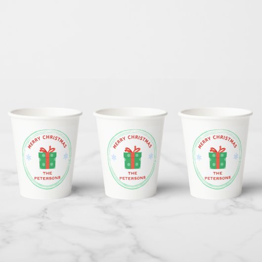 Vrolijk Kerstfeest rode tekst geschenkdoos op wit Papieren Bekers (Multi)