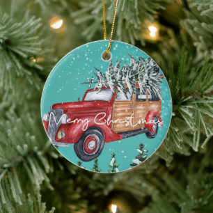 Vrolijk Kerstfeest Rode Truck Winter Sneeuwval Keramisch Ornament