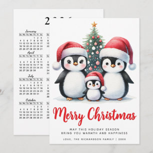 Vrolijk Kerstfeest Rood en Wit Schattige Pinguïn F Feestdagenkaart