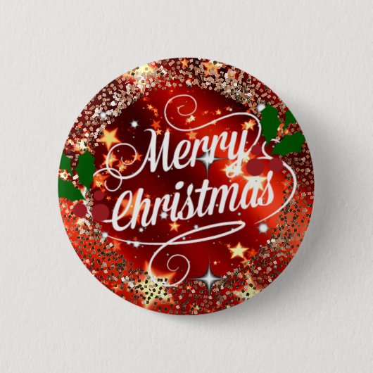 Vrolijk kerstfeest, rood, glitter en shine, ronde button 5,7 cm (Voorkant)