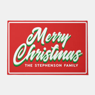 Vrolijk Kerstfeest Rood Groen Script Familienaam Deurmat