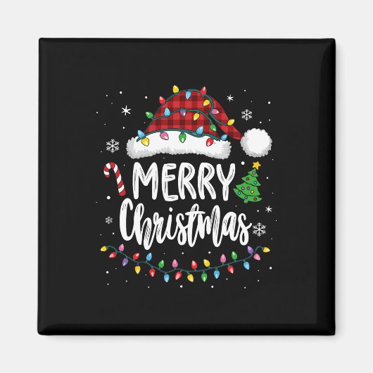 Vrolijk Kerstfeest Rood Plaid Familielampjes Xmas Magneet (Voorkant)